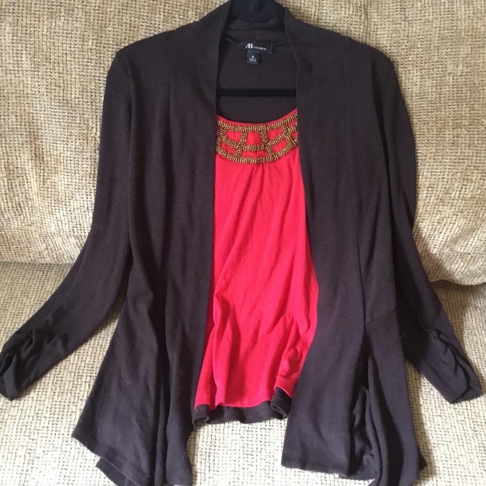 AB STUDIO Cardigan Blouse Red Chocolate Gold